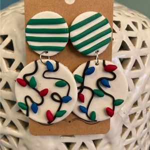Lightweight Polymer Clay Christmas Light Earrings with green striped studs